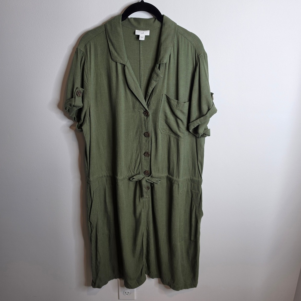 J. Jill Linen Blend Button Front Dress Women Large Olive Green Short Sleeve